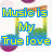Pixelated graphic with blue-outlined yellow text reading "Music is My True love" over a musical note background.