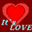 Two red heart shapes with cyan text 'It's LOVE' on a dark red background, one heart filled and the other outlined.