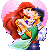 Pixelated cartoon character with red hair and green tail in three animated frames showing slight pose variations against a pink heart background.