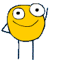 Yellow circular character with white eyes and black pupils, smiling face, blue stick legs, waving right arm in a of repeated poses on gray background