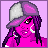 Pixelated character with pink skin and purple braids wears a gray and purple cap, white lace-trimmed top, and gray shorts against a pink background.
