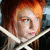 A red-haired person appears in four distinct poses: holding crossed swords, making a hand gesture near the face, covering mouth with purple fabric, and facing forward against plain background.