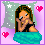 Pixelated image of a girl with long brown hair lying on a teal bed, holding a phone to her ear against a pink background with gray tree and heart shapes.