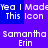 Pixelated text on a purple background with blue rectangular overlays, displaying repeated phrases and names in white block letters.