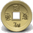 Static pixelated image of a gold-colored circular coin with square central hole, featuring four Chinese characters and one smaller character below.