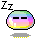 Two pixelated spherical icons with horizontal rainbow stripes, black rectangular eyes, and yellow feet; left icon has white sparkles on lower-left, right icon has larger white sparkles on lower-left.
