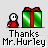 Animated pixel art sequence showing a red figure interacting with green gift boxes and brown crates, with text 'Thanks Mr. Hurley' below each frame.
