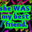 Pixelated text in blue letters on green rectangular backgrounds with a colorful abstract patterned backdrop.