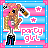 A 48x48 pixel animated buddy icon featuring a cartoon girl with pink hair and blonde streaks, wearing a white top and dark pants, holding a microphone against a blue-and-pink striped background with stars.