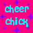 A static image with bright pink background, cyan text reading "cheer chick" repeated four times in a pattern, and purple star shapes scattered throughout