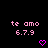 Pixelated pink text 'te amo 6.7.9' appears above a small heart symbol on black background, with variations in the heart's orientation across frames.