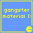 Blue square with yellow border containing pixelated text 'gangster material [' and a small yellow Pac-Man-like icon at bottom right.