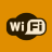 Pixelated Wi-Fi icon with white text on dark and light sections against an orange background.
