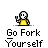 A 3x3 grid of animated pixel art frames showing a yellow stick figure with red accents performing sequential motion while holding a fork, accompanied by the text "Go Fork Yourself" below each frame on a gray background.