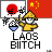Pixel art buddy icon featuring a yellow stick figure, two national flags, and text reading "LAOS BITCH" on a gray background.