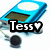 Pixelated icon features blue and white gradient shape with brown patch, black text block reading "Tess" with heart symbol replacing final letter, dark circular element below.