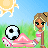 Animated pixel art contact sheet showing a female character kicking soccer balls on grass with sun in background, arranged as 3x3 grid of sampled frames.