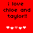 Red background with black text reading 'i love chloe and taylor!!' above five pixelated hearts, two of which are pink.