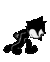 Pixelated character in black and white with spiky hair, crouching pose shifting across showing movement from left to right