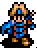 Pixel art character in blue and brown armor with a helmet, holding a staff-like object against gray background.