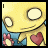 Yellow cartoon character with large white eyes and a small mouth, holding red hearts against blue background.