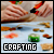 Pixelated image showing hands crafting with materials and a green container, with the word CRAFTING in block letters at the bottom.