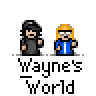 A 4x4 contact sheet of pixel art animated frames showing two cartoon characters with text bubbles changing between "Wayne's World" and other phrases like "PARTY TIME" and "EXCELLENT".