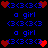 Pixel art animation of red hearts and blue text 'a girl' with blue symbols on black background, hearts shift position across frames.