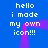 Blue background with white pixelated text reading 'hello i made my own icon!!!' and a pink-purple gradient shape that shifts position across frames.