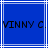 Blue background with white lines and black pixelated text reading "VINNY C." across the center