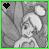 Pixelated grayscale image of a character with light hair and a dark eye, holding a dark heart-shaped object against a muted background with green border.