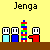 Animated sequence showing Jenga game progression with falling blocks, a figure building a tower, and a truck unloading blocks, all labeled 'Jenga' at top.