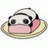 Pixelated cartoon panda with black-and-white fur and pink cheeks rests on a light brown circular base against a white background.
