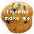 Two pixelated muffins with chocolate chips, each displaying text in white block letters against a light background.