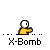 Pixel art character in yellow shirt with white head, holding object, under speech bubbles reading WHATS THAT and NOISE??, with X-Bomb text below.