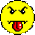 Two yellow circular pixelated faces with black outlines; left face has squinted eyes and a red tongue sticking out, right face has wide eyes and a smiling mouth.
