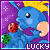 Blue cartoon creature with yellow hair and pink ears holds a red ladybug on its nose, standing against purple background with white stars.