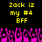 Yellow pixelated text on black background reads 'Zack iz my #4 BFF' above pink and purple pixelated shapes resembling hands or flames.
