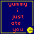 Four identical blue square with yellow borders display red pixelated text 'yummy i just ate you' and a yellow Pac-Man icon in the bottom-right corner