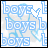 Pixelated blue text 'boys' repeats across a light gray background with faint heart outlines, featuring an animated cursor changing from pointing to hand shape.
