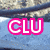 A static image shows a blue water background with rocky cliffs, featuring two distinct text elements: pink 'CLU' on the left and green '<3' on the right.
