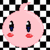 Four pink Kirby-like characters with black eyes and red cheeks on a black-and-white checkered background, two with blue text overlays.