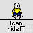 Pixelated character in yellow shirt and blue pants performs a sequence of riding motions on a gray platform with text "I can ride it" below.