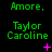 Green text 'Amore,' and 'Taylor Caroline' on black background with pink symbols changing across frames.
