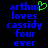 Blue pixelated text on black background reads 'arthur loves cassidy four ever' with a green heart symbol replacing the letter 'u' in 'arthur'.