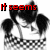 A black-and-white cartoon character with spiky hair and checkered clothing appears in four , each displaying red text that changes sequentially