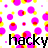 Pixelated icon with scattered pink and yellow circular shapes on white background, black text 'hacky' at bottom.