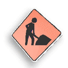 Diamond-shaped orange construction sign with black silhouette of worker shoveling, varying color saturation and slight rotation across observations.