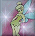 Pixelated cartoon fairy with light green dress and translucent blue wings stands on pink cloud-like shape against purple gradient background.