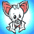 Pixel art contact sheet of a baby korbat character in five animated frames with blue background and gray transparency area.